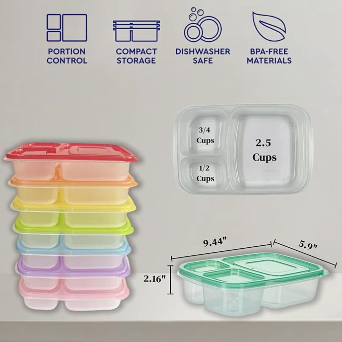 WEEK NINE Bento Lunch Boxes - Reusable 3-Compartment Food Containers for School, Work, and Travel, Set of 7