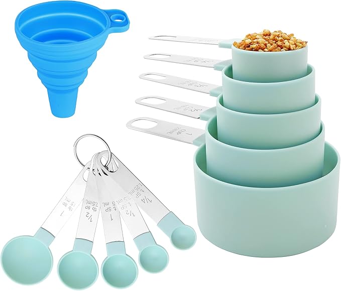 Measuring Cups and Spoons Set of Huygens Kitchen Gadgets 10 Pieces, Stackable Stainless Steel Handle Measuring Cups for Measuring Dry and Liquid Ingredient (Lake blue)