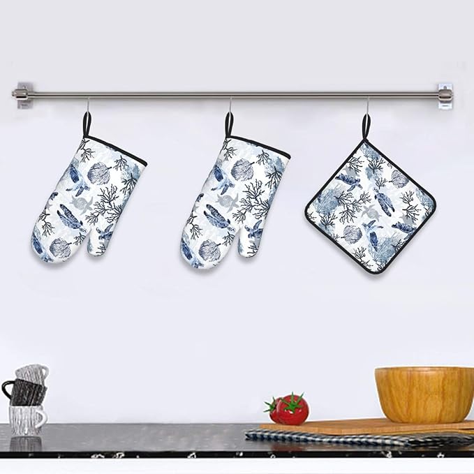 Navy Blue Ocean Sea Turtle Oven Mitts and Pot Holders Sets of 3, Heat Resistant Non-Slip Gift for Cooking Enthusiasts, Coastal Beach Nautical Coral Kitchen Gloves for Baking BBQ Cooking Grilling Decor
