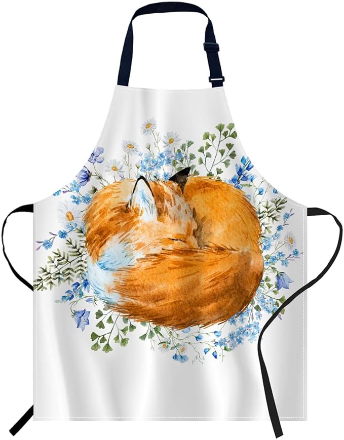 oFloral Watercolor Sleeping Fox Apron Unisex Adjustable Bib Apron, Cooking Kitchen Chef Apron, Women Men Apron for Home Kitchen, Restaurant, Coffee house