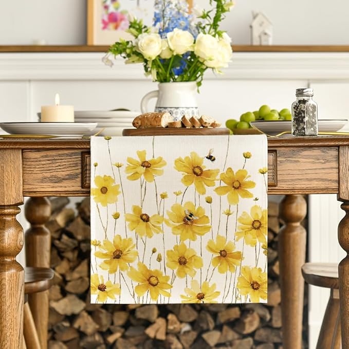 Artoid Mode Yellow Flowers Daisy Bees Summer Table Runner, Seasonal Easter Fall Holiday Kitchen Dining Table Decoration for Home Party Indoor 13x90 Inch