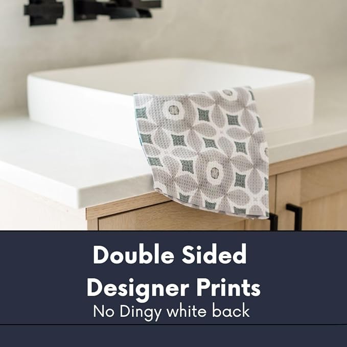 || 3 Pack|| Double Sided Dish Towels || Waffle Weave Microfiber || Highly Absorbent || Hanging Loop || Dish Cloths || Modern || Designer Prints || Lights (Pewter)