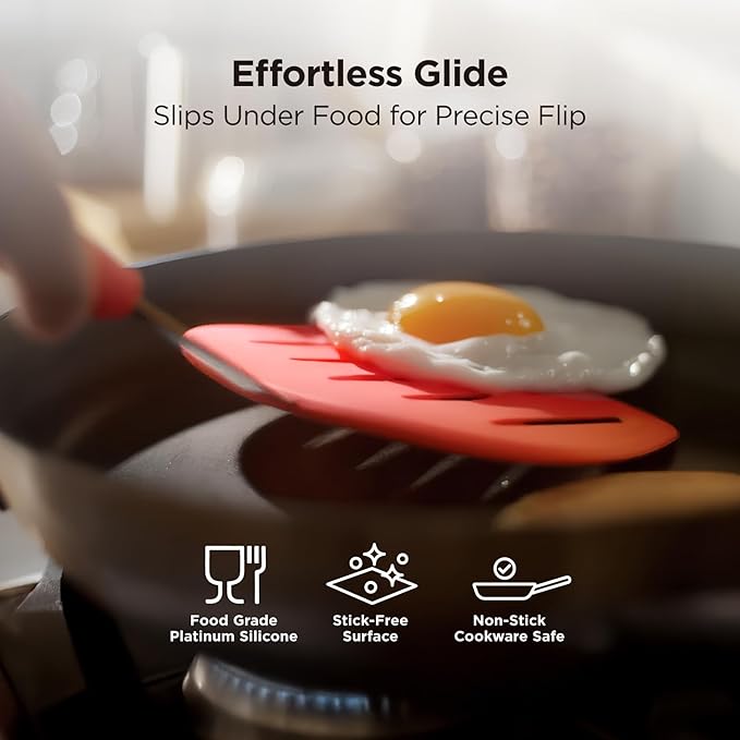 Kitchen Mama WaltzGrip Platinum Silicone Pancake Spatula Turner: Heat Resistant Flexible, Stainless Steel Core, Nonstick, Dishwasher Safe, Flipper – Ideal Kitchen Cookware for Eggs, Fish, Meat (Red)