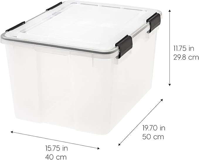 IRIS USA WeatherPro 47 Qt Storage Bins with Lids, 2 Pack, BPA-Free Plastic Gasket Box with Tight Latch and Seal, Stackable Nestable Tote Tub - Clear/Black