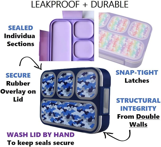 kinsho Bento-Box Lunch-Box Kids, Meal Boxes And Snack Containers For Boys & Girls For School, Includes Utensils, Bpa Free (Purple Rainbow Unicorn + Blue Black Camo, 2 Pack Set)