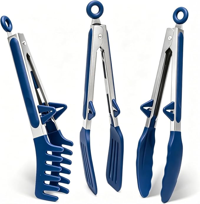 Kitchen Tongs, 9 Inch Tongs for Cooking with Silicone Tips, Food Grade Small Silicone Tongs, Mini Serving Tongs for Nonstick Pans, BBQ, Salad, Set of 3, Blue