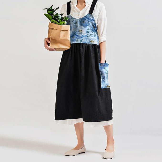 Uaussi Cotton Linen Apron Cross Back Work Apron for Women with Pockets Pinafore Dress X Cross Halter Apron for Chef Gardening