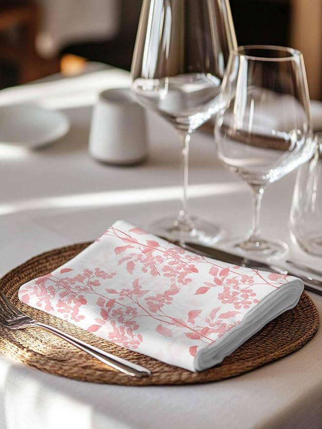 Pink Flower Leaves Cloth Napkins Set of 6 - Washable Dinner Napkins Reusable Table Napkin for Home Party Weeding Dining Table Setting Decoration,Oversized Grey Modern Pastel White Floral Spring Summer
