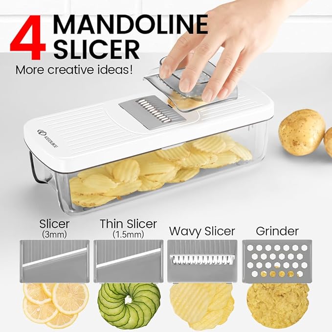 KEOUKE 6-in-1 Multi-Functional Vegetable Mandoline Slicer with Container White - Vegetable Slicer with Hand Guard for Kitchen Easy Food Prep, Onion Potato Veggie Fruit