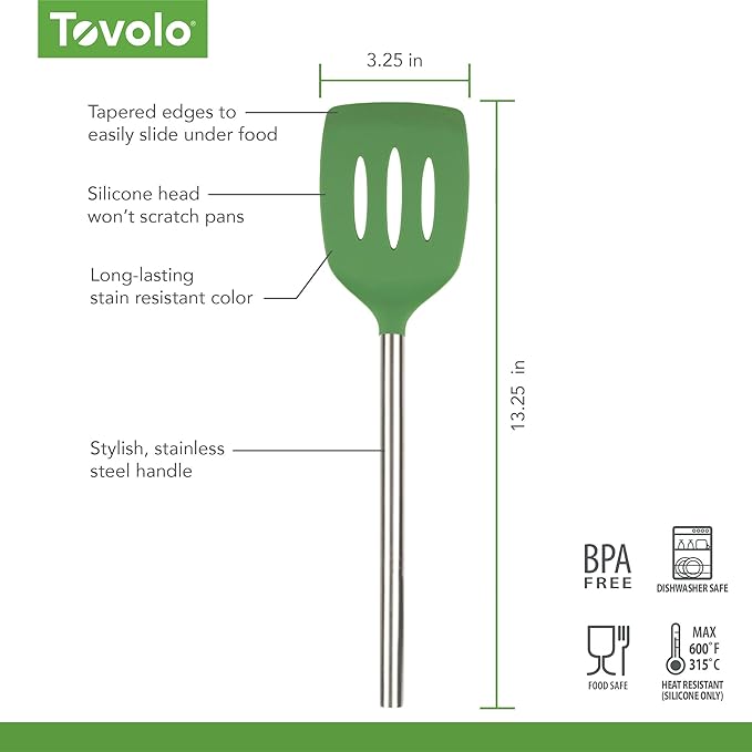 Tovolo Slotted Silicone Spatula Turner Slotted Stainless Steel Handle 10" Pesto Green Heat Resistant Non Toxic BPA Free Kitchen Utensil, Silicone Egg Pancake Flipper Metal Handle Turner for Cooking
