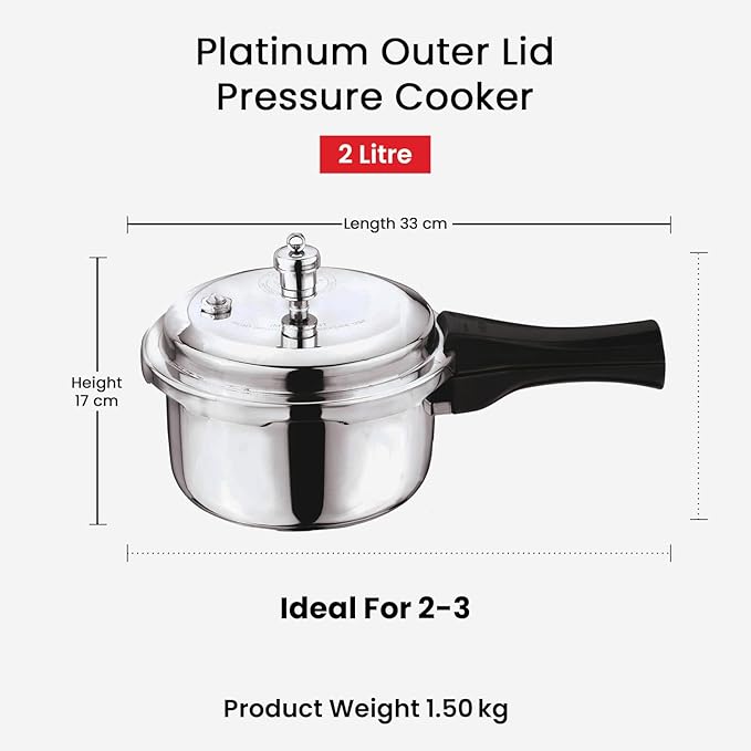 Vinod Platinum Triply Stainless Steel Outer Lid Pressure Cooker -68 oz , Induction Friendly, ISI Certified, Small Pressure Cooker for Quick Meals, Silver