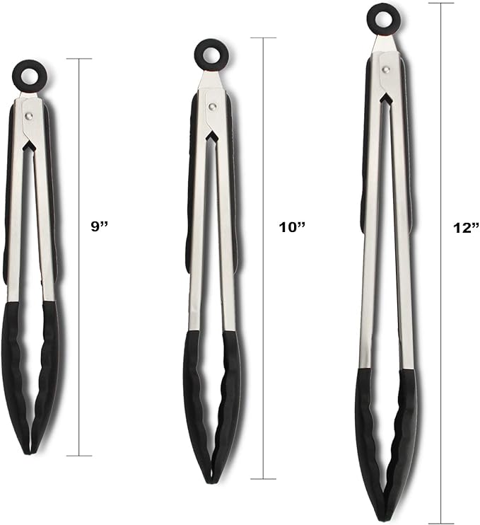 3 Pack Black Kitchen Tongs, Premium Silicone BPA Free Non-Stick Stainless Steel BBQ Cooking Grilling Locking Food Tongs, 9-Inch 10-Inch & 12-Inch