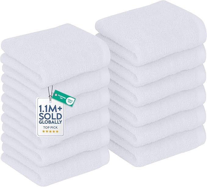 DAN RIVER 12 Pack Wash Cloths for Showering [12x12] - 100% Cotton Washcloths Premium Quality Flannel Face Cloths for Bathroom, Highly Absorbent and Soft Feel Wash Clothes, White