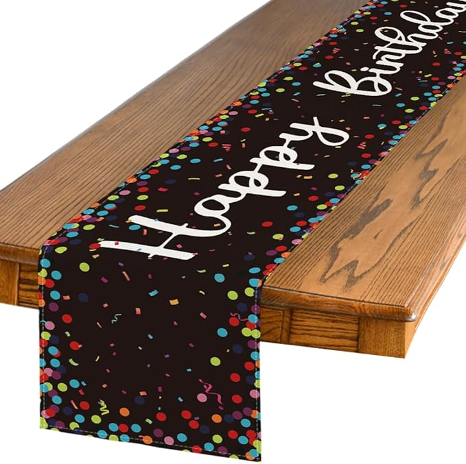 Artoid Mode Polka Dot Black Happy Birthday Table Runner, Seasonal Halloween Kitchen Dining Table Decoration for Home Party Decor 13x36 Inch