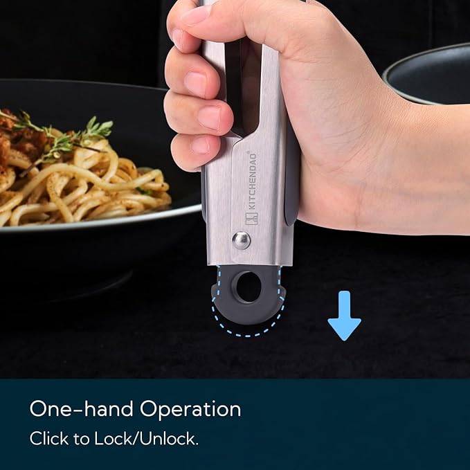 KITCHENDAO Tongs for Cooking with Silicone Tips 9 Inch, One-handed for Convenience, Soft-touch Handle, Silicone Tipped Stainless Steel Kitchen Food Grill BBQ Tongs for Non-stick Cookware Air Fryer