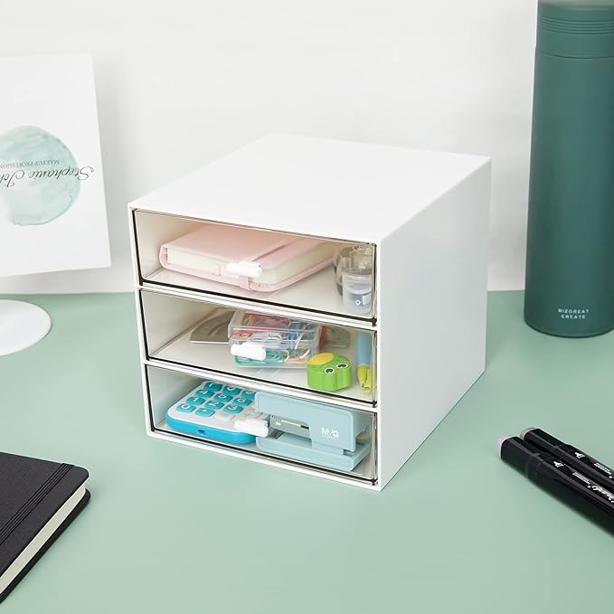 Desk Organizer with 3 Drawers, Clear Plastic Desk Storage Box, Desktop Organization for Office Supplies, Gel Pens, Pencils, Markers, Tape, Erasers, Paperclips, Chargers (White-3 Draws)
