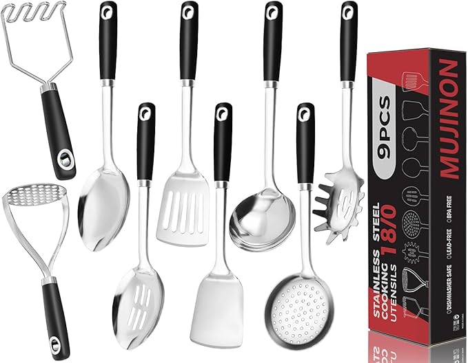 18/0 Stainless Steel Cooking Utensils Set, Heavy Duty Kitchen Utensils for Daily Use Party Wedding Housewarming, Dishwasher Safe, 9 Pieces