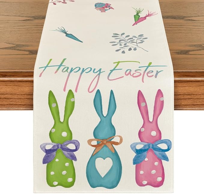 Artoid Mode Green Blue Pink Rabbit Bunny Happy Easter Table Runner, Seasonal Holiday Kitchen Dining Table Decoration for Home Party Decor 13 x 108 Inch