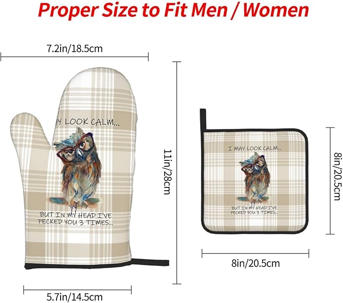 Funny Owl Oven Mitts and Pot Holders Sets of 3 Kitchen Hot Pads Cute Buffalo Plaid Oven Gloves Heat Resistant Washable for Cooking Grilling Baking Holiday Kitchen Decor