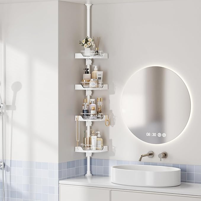 akinbas Shower Caddy Tension Pole with 4 L-Lazy Susan Organizer 360 Rotating 35-128 Inch No Drilling Floor Standing Shelves Adjustable Shower Rack for Bathroom Corner (White)