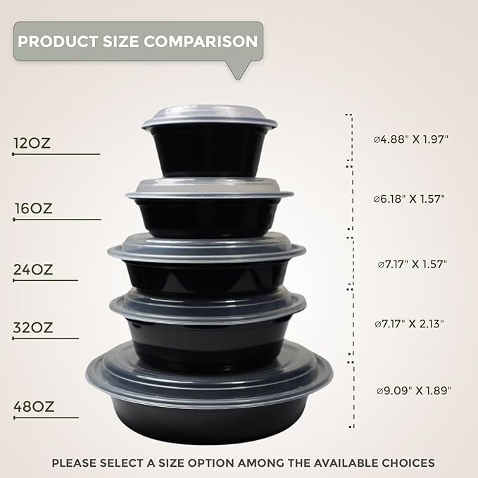 Klex 12 Oz, 300 Sets Meal Prep Containers with Airtight Lids, BPA Free, Reusable Plastic Food Container, 12 oz, Round, Black/Clear, 300 Sets