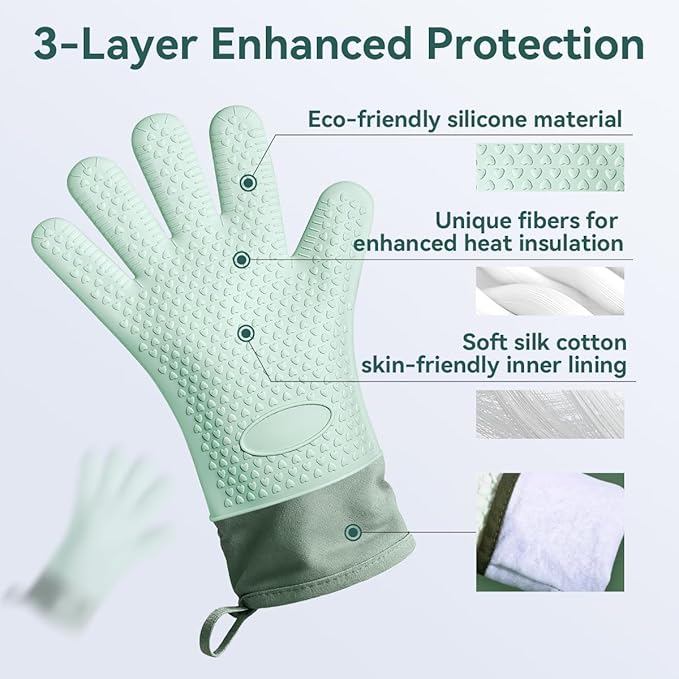 Silicone Oven Mitts Heat Resistant 450°F - Waterproof Non-Slip Kitchen Gloves with Cotton Lining, Flexible Oven Mitts for Cooking, Baking, Grilling & BBQ (Set of 2)