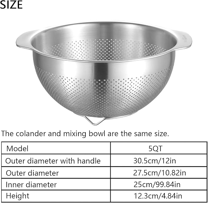 18/8 Stainless Steel Microwell Colander, 5QT Large Capacity with Handle Kitchen Food Strainer5QTColander+5QT Mixing bowl)
