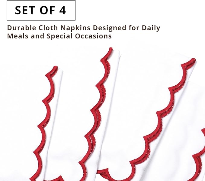 PurpleEssences Scalloped Embroidery Cloth Napkins - Spring Easter Summer - Table Decor - 100% Cotton - Set of 4-18x18 inch - White - Edges - Red
