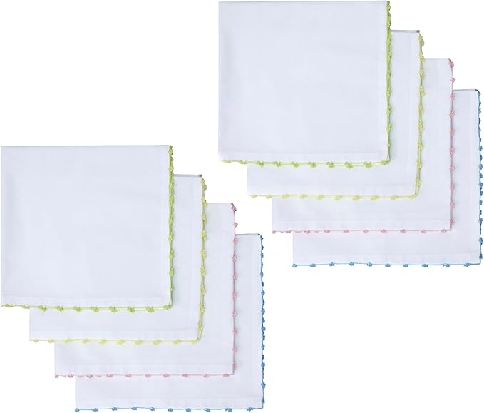 COTTON CRAFT Cloth Napkins - Set of 8 Soft 100% Cotton - White Napkins with Elegant Crochet Border Trim in Pink, Aqua, Yellow, Green – Easter Spring Summer Lunch Dinner Serviettes - Multicolor - 17x17