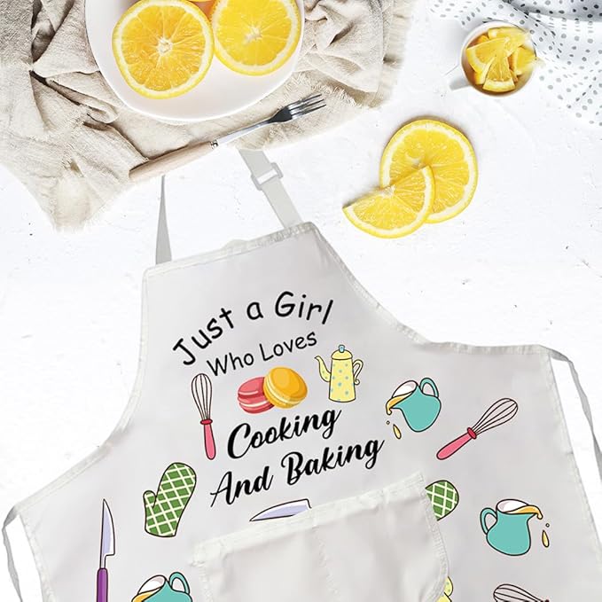 VAMSII Cooking Apron with Pockets Girls Chef Apron BBQ Baking Kitchen Apron for Girl Just a Girl Who Loves Cooking and Baking