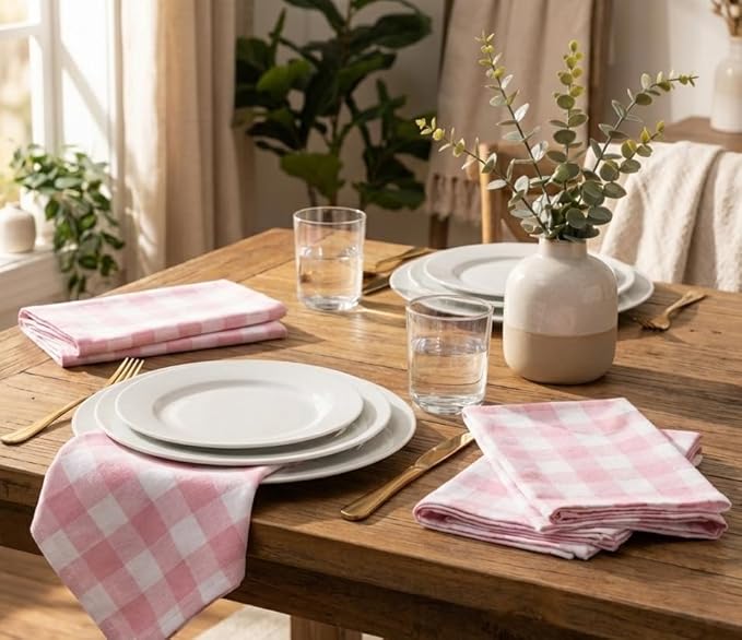 Cloth Napkins, Reusable Dinner Napkins for Parties,Weddings,Baby Shower,Christmas Decorations,Everyday Fabric Serviettes for Dining Table, Set of 12 Pink White_ 18"x18" with Decorative Hemstitched.