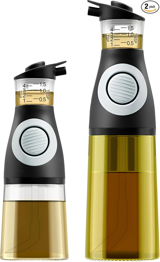 Oil and Vinegar Dispenser Set - Glass Olive Oil Cruet Bottles with Measuring Cup - Non-Drip Kitchen Dispenser for Cooking, Salad Dressing, and Meal Prep - 2 Dishwasher-Safe Containers