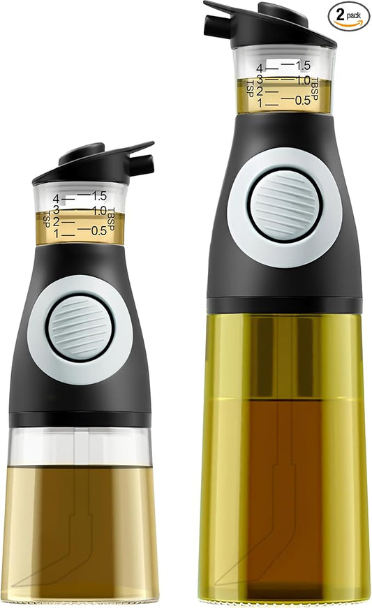 Oil and Vinegar Dispenser Set - Glass Olive Oil Cruet Bottles with Measuring Cup - Non-Drip Kitchen Dispenser for Cooking, Salad Dressing, and Meal Prep - 2 Dishwasher-Safe Containers