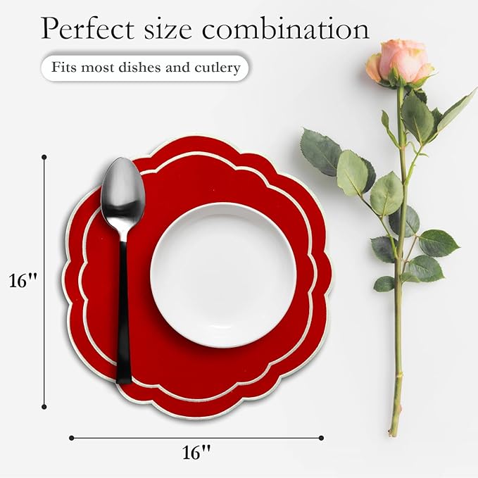 Round Placemats Set of 4, Cotton Linen- Double Layered, Luxury Scalloped Embroidered Cloth Table mats, 16 inch, Washable Fabric Dining Placemat (Red) Celebration