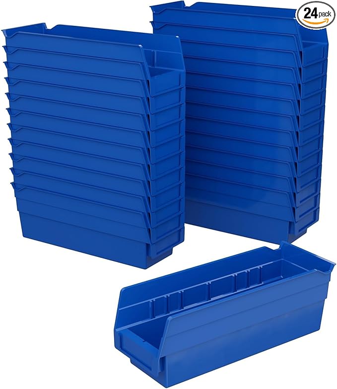 Akro-Mils 30120 Plastic Shelf Bins, Heavy Duty Storage Bins for Garage, Closet, and Drawer Organization, 12" x 4" x 4", Blue, 24-Pack