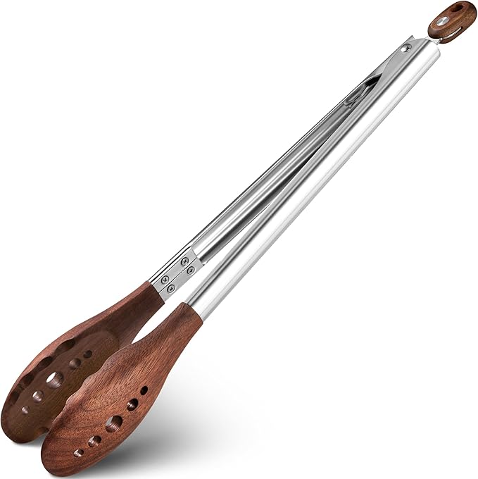 12-Inch Wooden Tongs for Cooking - Heat Resistant Natural Walnut Wood Kitchen Tongs, Stainless Steel Salad Tong with Walnut Wood Tips for Serving Food, Cooking, Tossing Salad, Grilling, BBQ (12 Inch)
