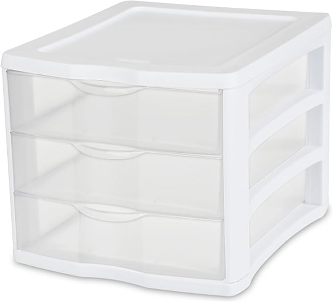 STERILITE 3 Drawer Desktop Storage Unit, Tabletop Organizer for Desk, Countertop at Home, Office, Bathroom, White with Clear Drawers, (Pack of 4)