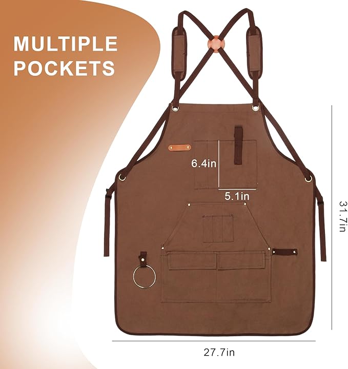 Men's Canvas Tool Apron, Heavy Duty Multi-Pocket Work Apron for Woodworking Gardening Bartender Adjustable Straps