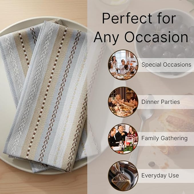 LFH Home Cotton Rich Cloth Salsa Napkin Set of 12 Washable Soft Durable Striped Table Napkins for Dining Wedding, Daily Use Reusable Eco-Friendly Napkins for Elegant Table Settings(18x18)-Grey Multi