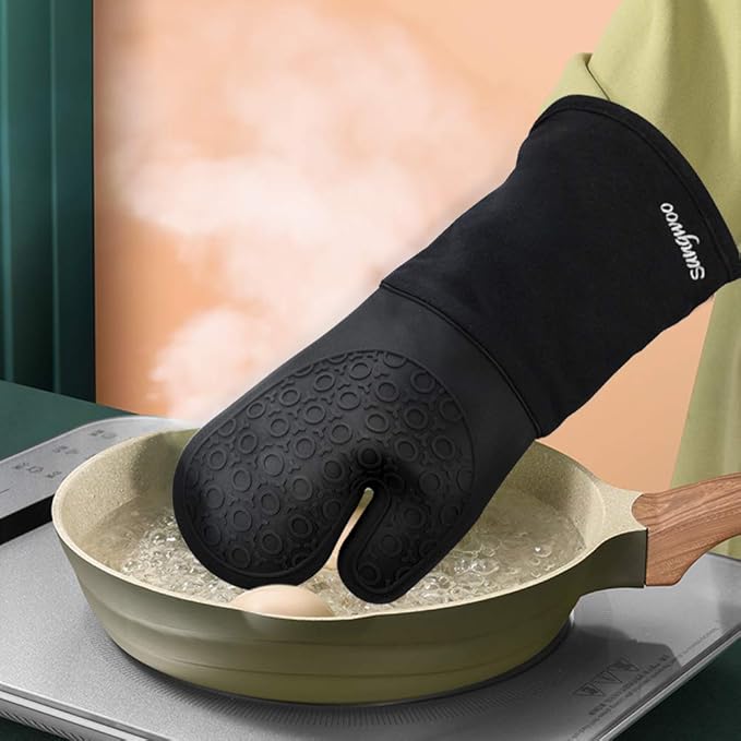 sungwoo 6pcs Silicone Oven Mitts and Pot Holders Sets, 14.6 Inch Heat Resistant Oven Gloves with Quilted Liner Non-Slip Textured Grip Perfect for BBQ, Baking, Cooking and Grilling Black