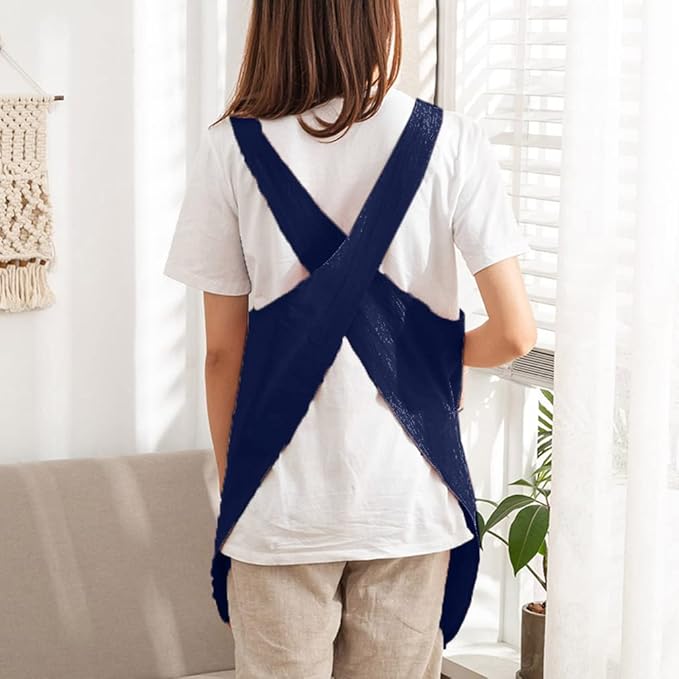 Cotton Cross Back Aprons Solid Color Cooking Kitchen Garden Smock for Women Girls with Pockets