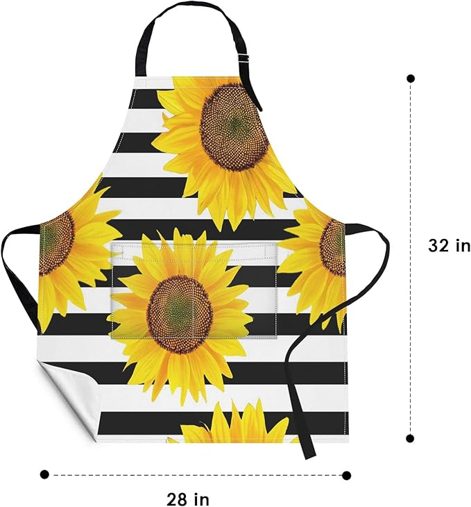 Britimes Apron Home Kitchen Cooking Baking Gardening for Women Men with Pockets Sunflowers Striped Black White Flower 32x28 inch