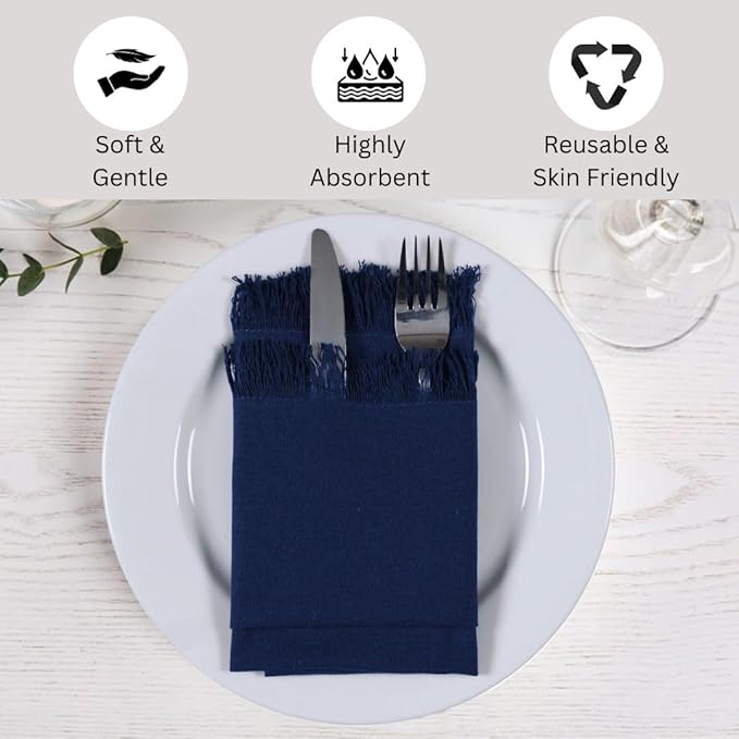 Cloth Dinner Napkins with Fringes 20x20 Inch 100% Cotton Set of 6 - for Dining Special Occasions Wedding Holidays Easter - Soft Durable Washable - Elegant Table Cloth Napkins Navy Blue