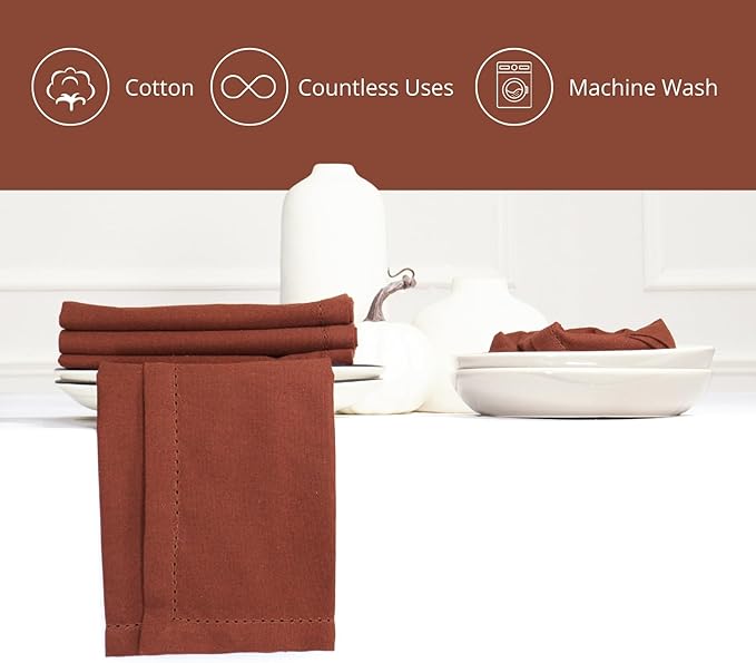 PurpleEssences Rust Set of 12 Hemstitch Cloth Dinner Napkins 100% Cotton - Soft Durable Washable - Ideal for Wedding Spring Easter Summer - Perfect Everyday Use Table Linen 18x18 - Rust