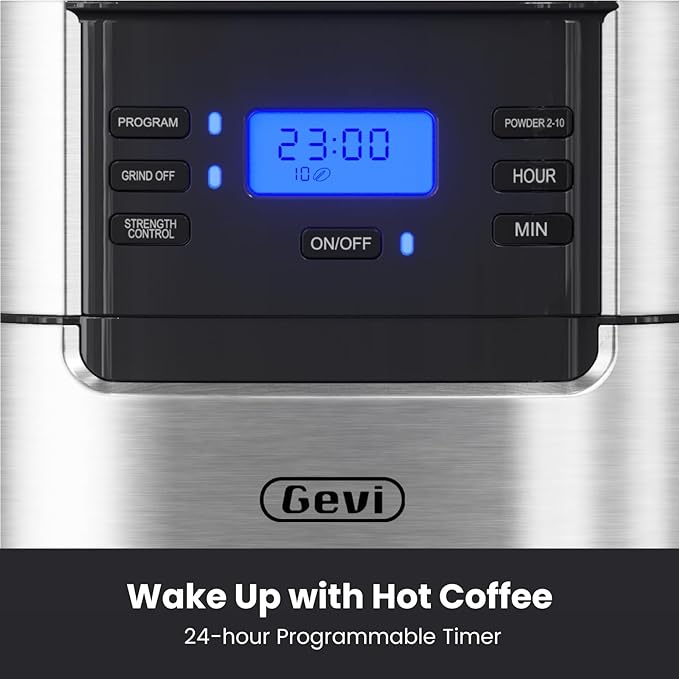 Gevi 10-Cup Drip Coffee Maker, Built-in Burr Grinder, 1.5L Water Tank, Programmable Timer, Auto Keep-Warm, Reusable Filter, Fresh Grind Coffee Machine, Black