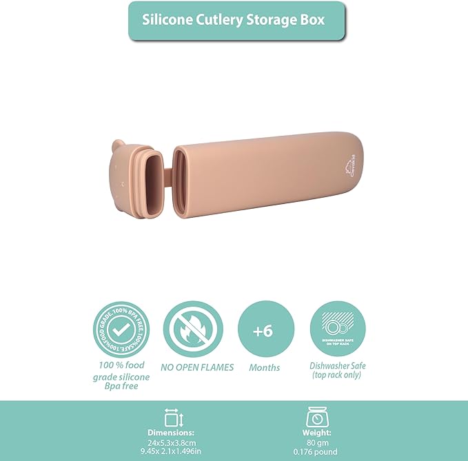 Silicone Cutlery Storage Box for Toddler Utensils – Fits Spoon, Fork & Knife | BPA-Free (Pink Powder)