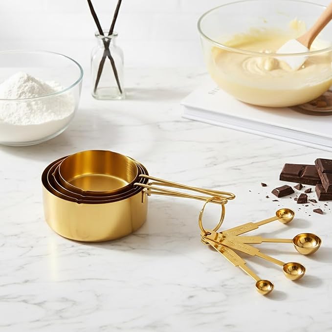 Gold Measuring Cups and Spoons Set, 8 Piece Stainless Steel Measuring Cup and Spoon Set for Baking and Cooking, Stackable Gold Kitchen Measuring Utensils for Dry and Liquid Ingredients