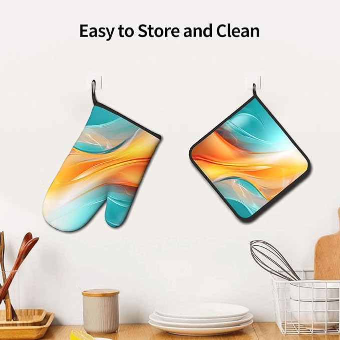 Turquoise Orange Abstract Art Oven Mitts & Pot Holders Sets of 3, Heat Resistant Teal Burnt Orange Modern Kitchen Gloves and Hot Pads for Kitchen Cooking Grilling, Baking Gifts for Women, Home Decor