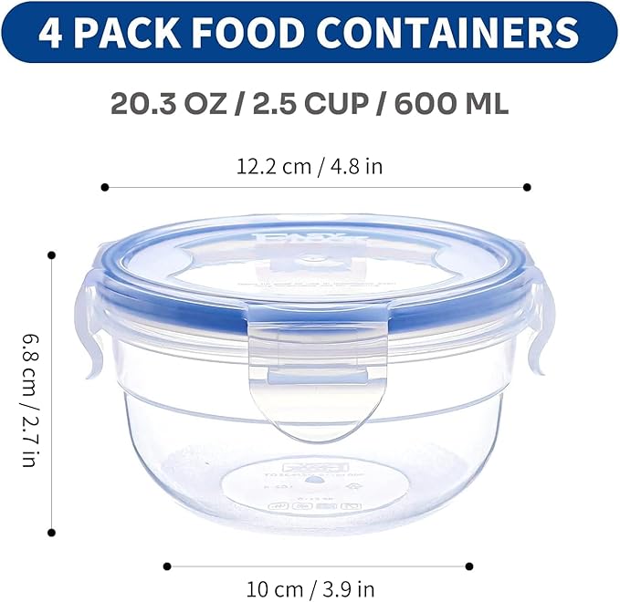 KIGI 4 PACK 20oz Plastic Round Bowls with Lid Leakproof Food Storage Container Set Small Meal Prep Containers Bento Box