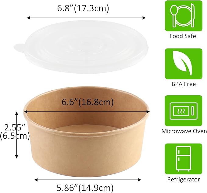 36oz 50 Sets Large Kraft Paper Bowls with Lids, Disposable Bowls with Lids, Paper Salad Bowls, Paper Food Container with Lid Perfect for Hot/Cold Food, Soup, Salad, Ice Cream